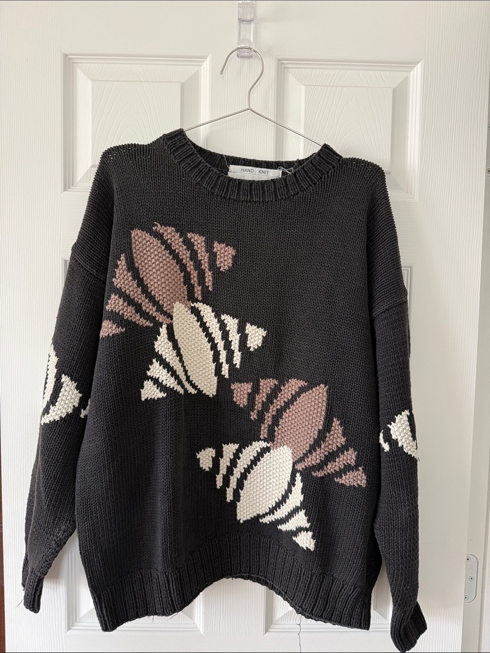 Vintage Black Sweater with Cream and Mauve Shell Motif